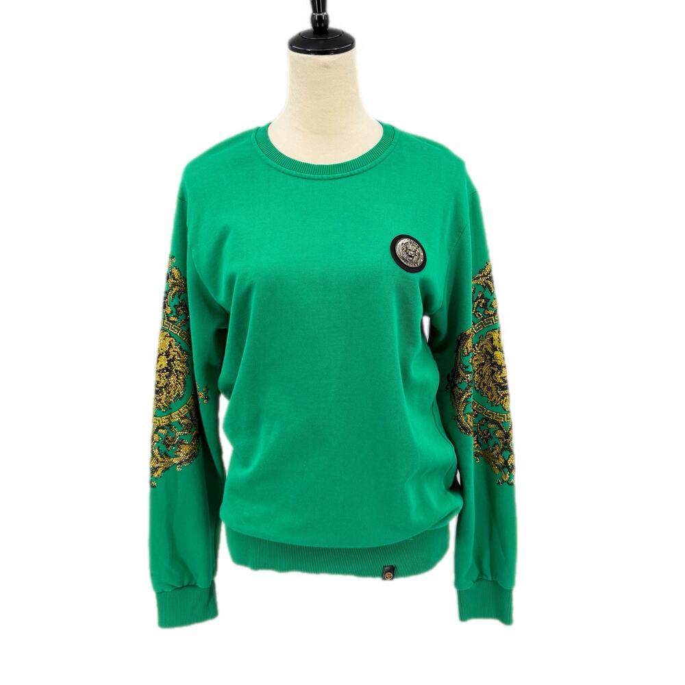 Avenue George V Paris Sparkle Embellished Long Sleeve Green Pullover Sweatshirt